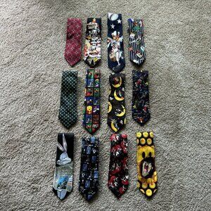 VTG 90s Looney Tunes Neckties Lot of 12 AOP Baseball Halloween Valentine's Day